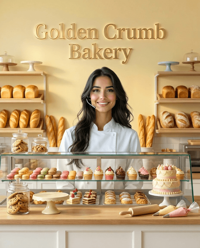 Maria as the receptionist at Golden Crumb Bakery