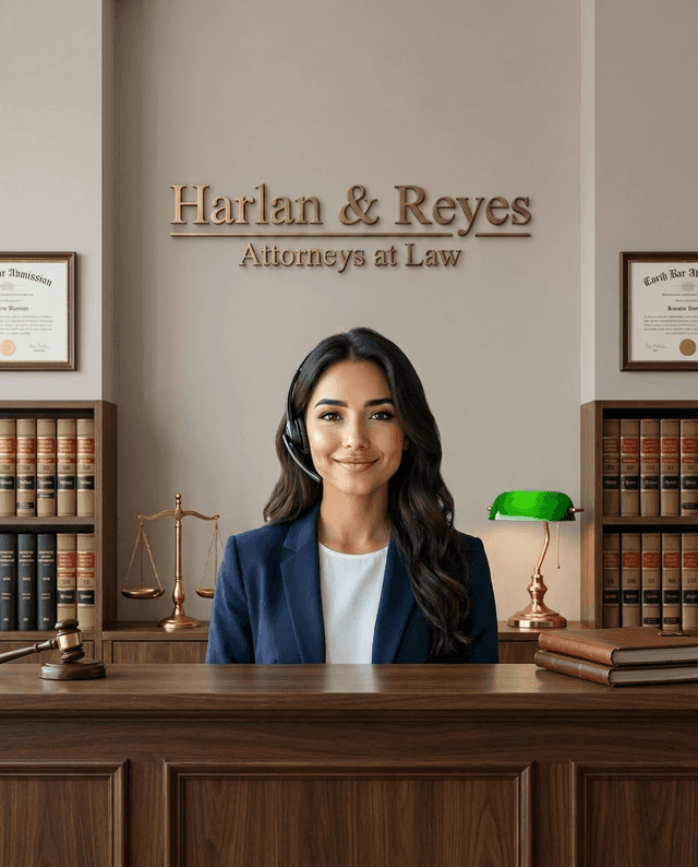 Maria as the receptionist at Harlan & Reyes, Attorneys at Law