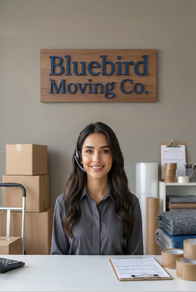 Maria as the receptionist at Bluebird Moving Co.