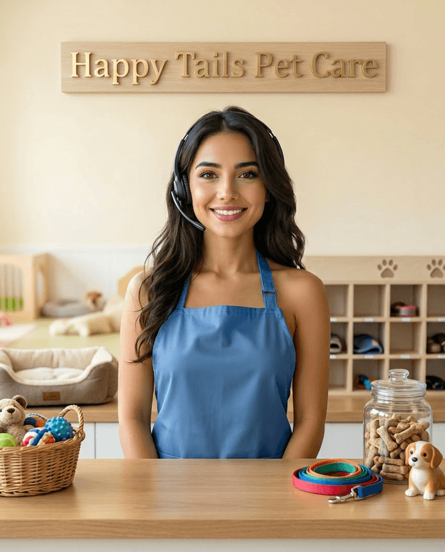 Maria as the receptionist at Happy Tails Pet Care