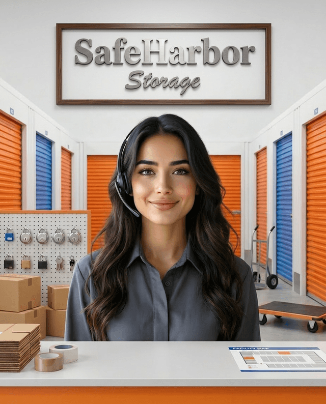 Maria as the receptionist at SafeHarbor Storage