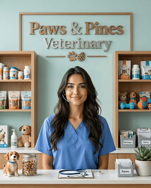 Maria as the receptionist at Paws & Pines Veterinary